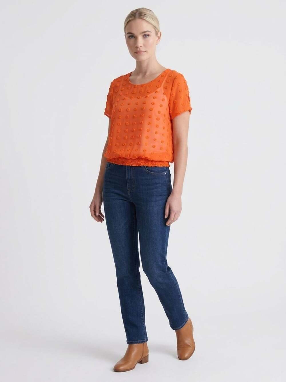 Cato Swiss Dot Pom Pom Blouse Size XL Orange Smocked Hem Short Sleeve
